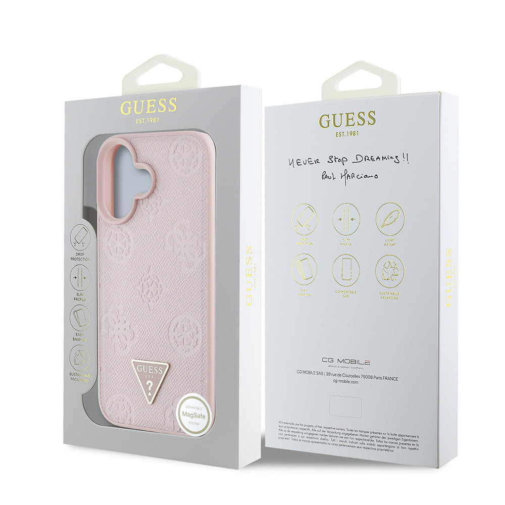 Apple iPhone 16 Kılıf Guess Orjinal Lisanslı M-safe Şarj Özellikli Sıcak Baskılı Üçgen Logolu PU Deri Peony Kapak Siyah