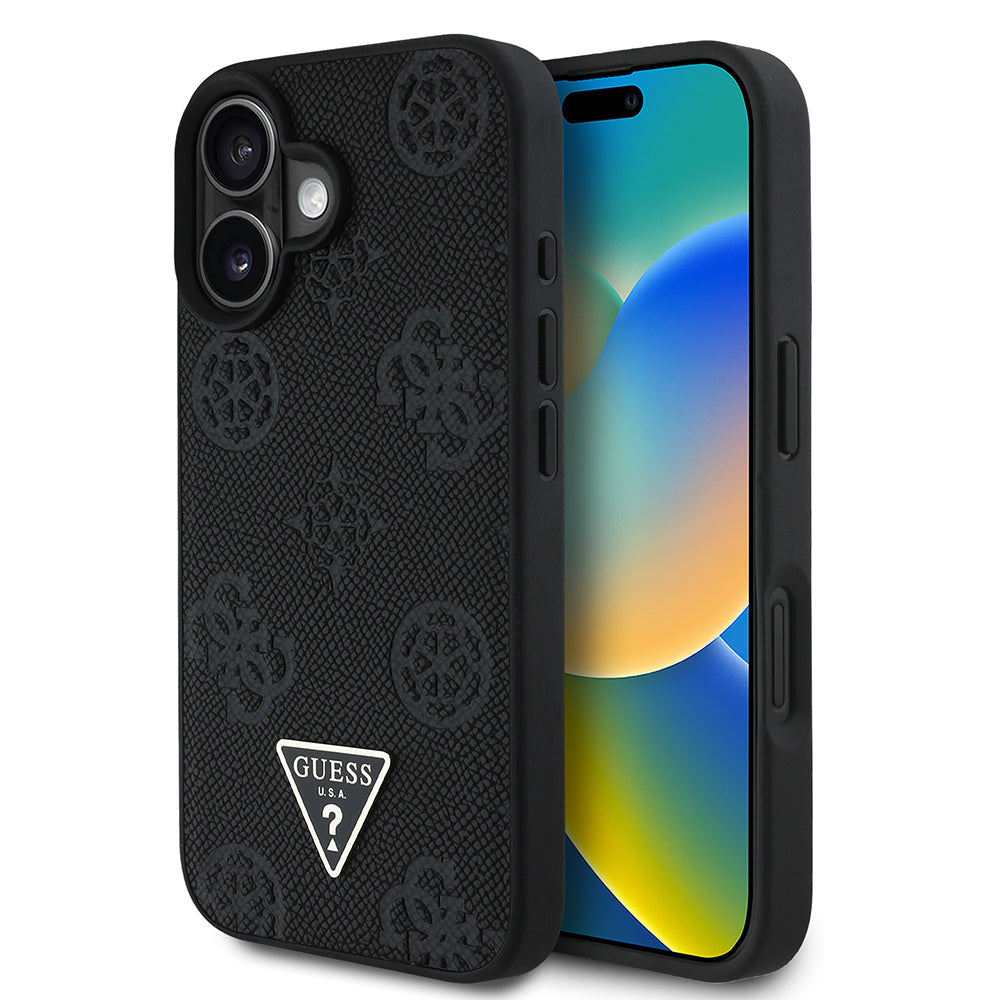 Apple iPhone 16 Kılıf Guess Orjinal Lisanslı M-safe Şarj Özellikli Sıcak Baskılı Üçgen Logolu PU Deri Peony Kapak Pembe