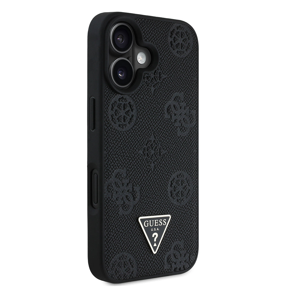 Apple iPhone 16 Kılıf Guess Orjinal Lisanslı M-safe Şarj Özellikli Sıcak Baskılı Üçgen Logolu PU Deri Peony Kapak Siyah