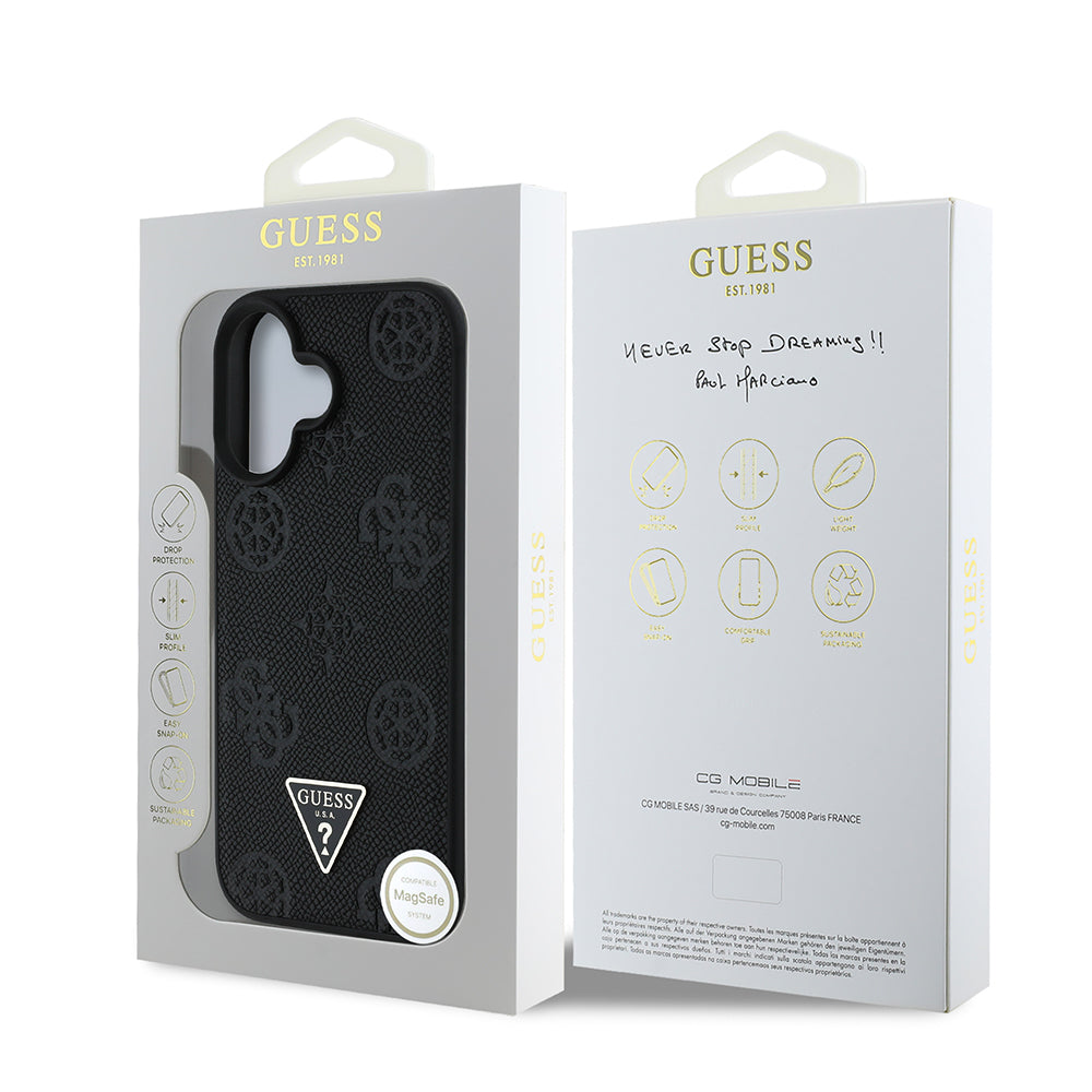 Apple iPhone 16 Kılıf Guess Orjinal Lisanslı M-safe Şarj Özellikli Sıcak Baskılı Üçgen Logolu PU Deri Peony Kapak Pembe