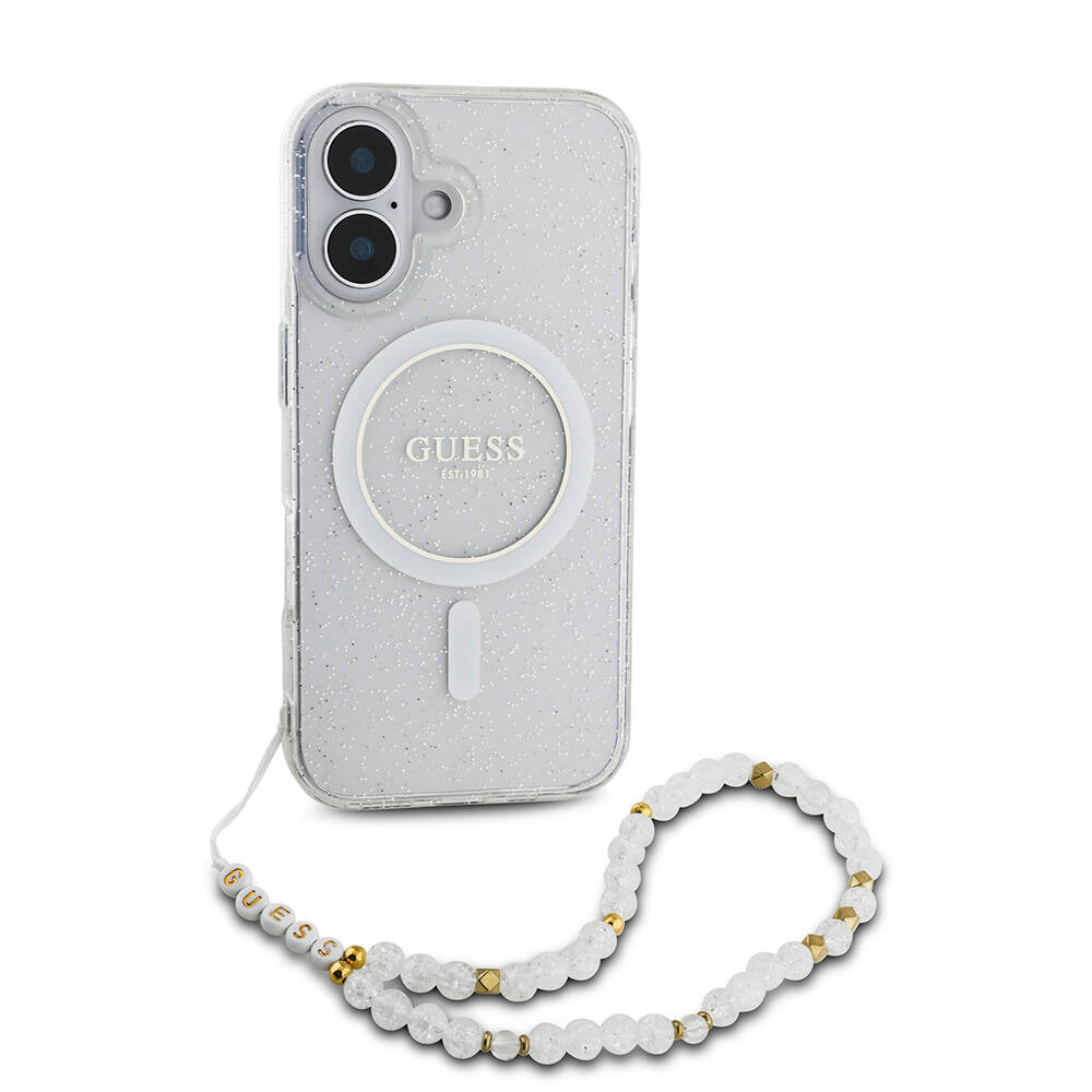Apple iPhone 16 Kılıf Guess Orjinal Lisanslı M-safe Şarj Özellikli Simli Silikon İnci Bileklikli Kapak Pembe