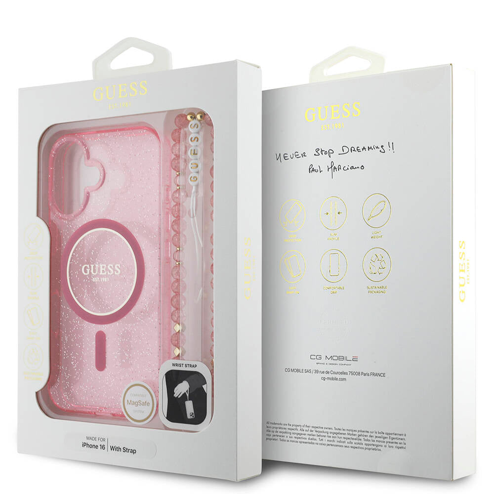 Apple iPhone 16 Kılıf Guess Orjinal Lisanslı M-safe Şarj Özellikli Simli Silikon İnci Bileklikli Kapak Siyah