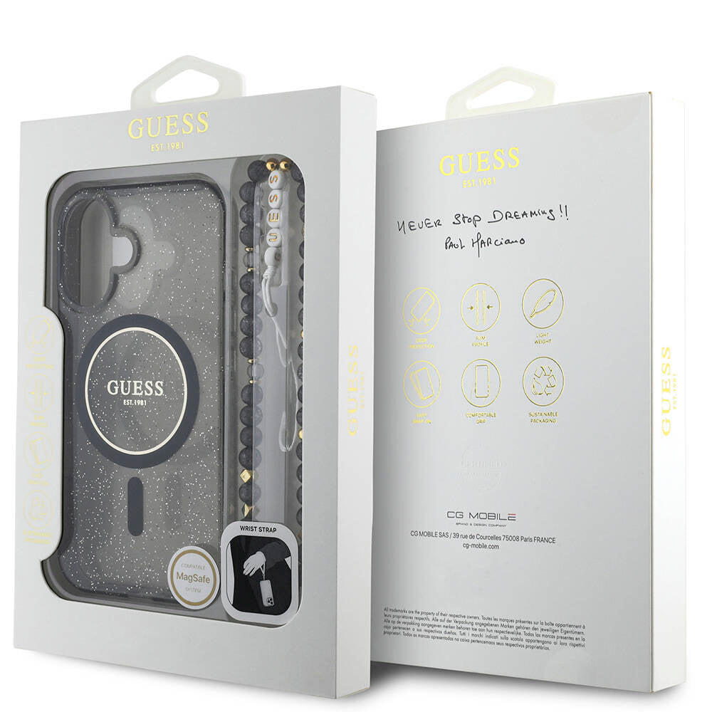 Apple iPhone 16 Kılıf Guess Orjinal Lisanslı M-safe Şarj Özellikli Simli Silikon İnci Bileklikli Kapak Şeffaf