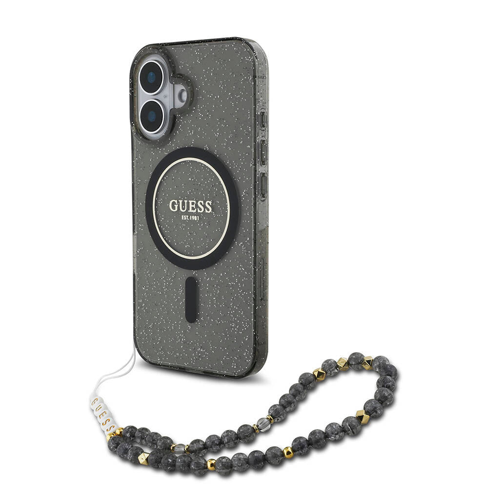 Apple iPhone 16 Kılıf Guess Orjinal Lisanslı M-safe Şarj Özellikli Simli Silikon İnci Bileklikli Kapak Pembe