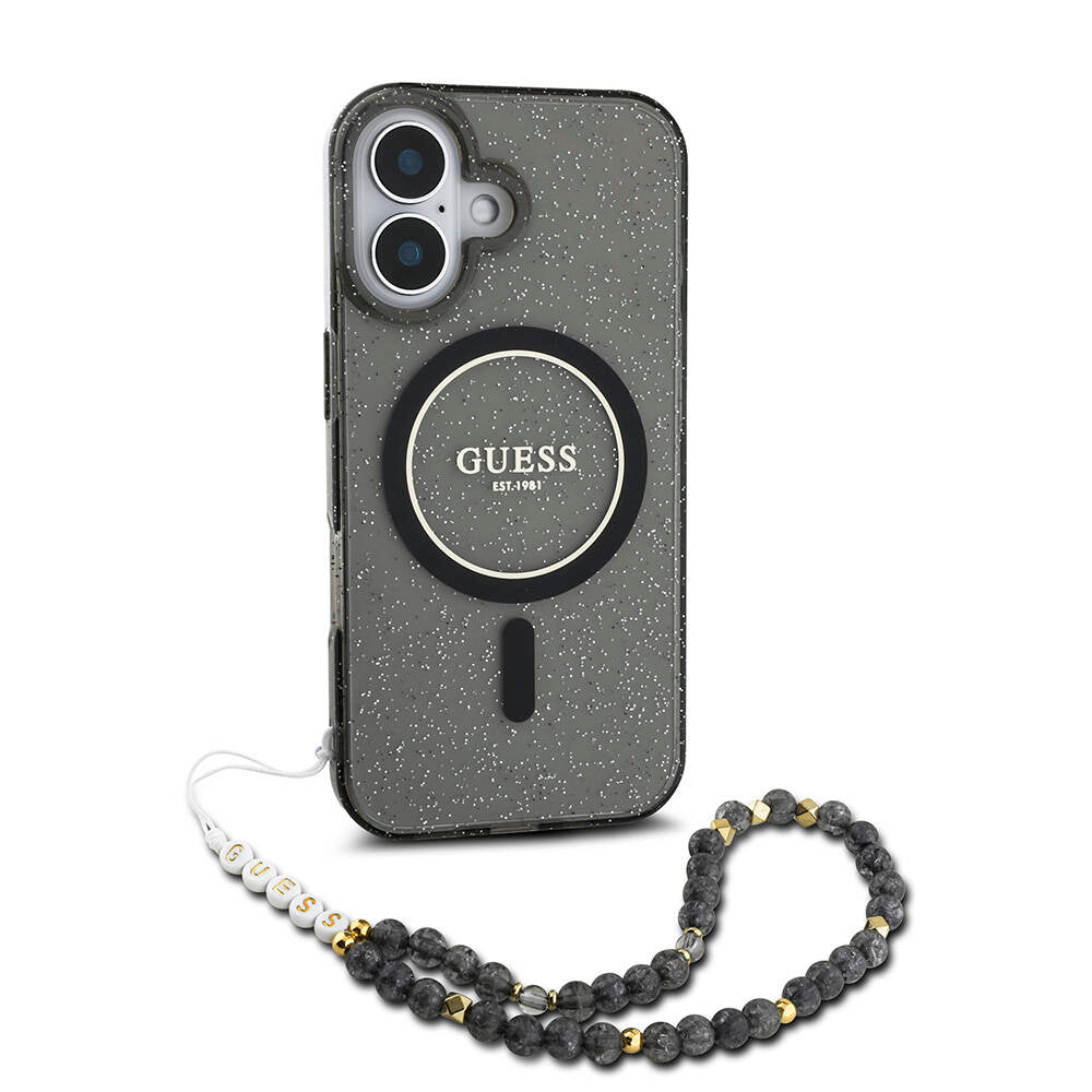 Apple iPhone 16 Kılıf Guess Orjinal Lisanslı M-safe Şarj Özellikli Simli Silikon İnci Bileklikli Kapak Pembe