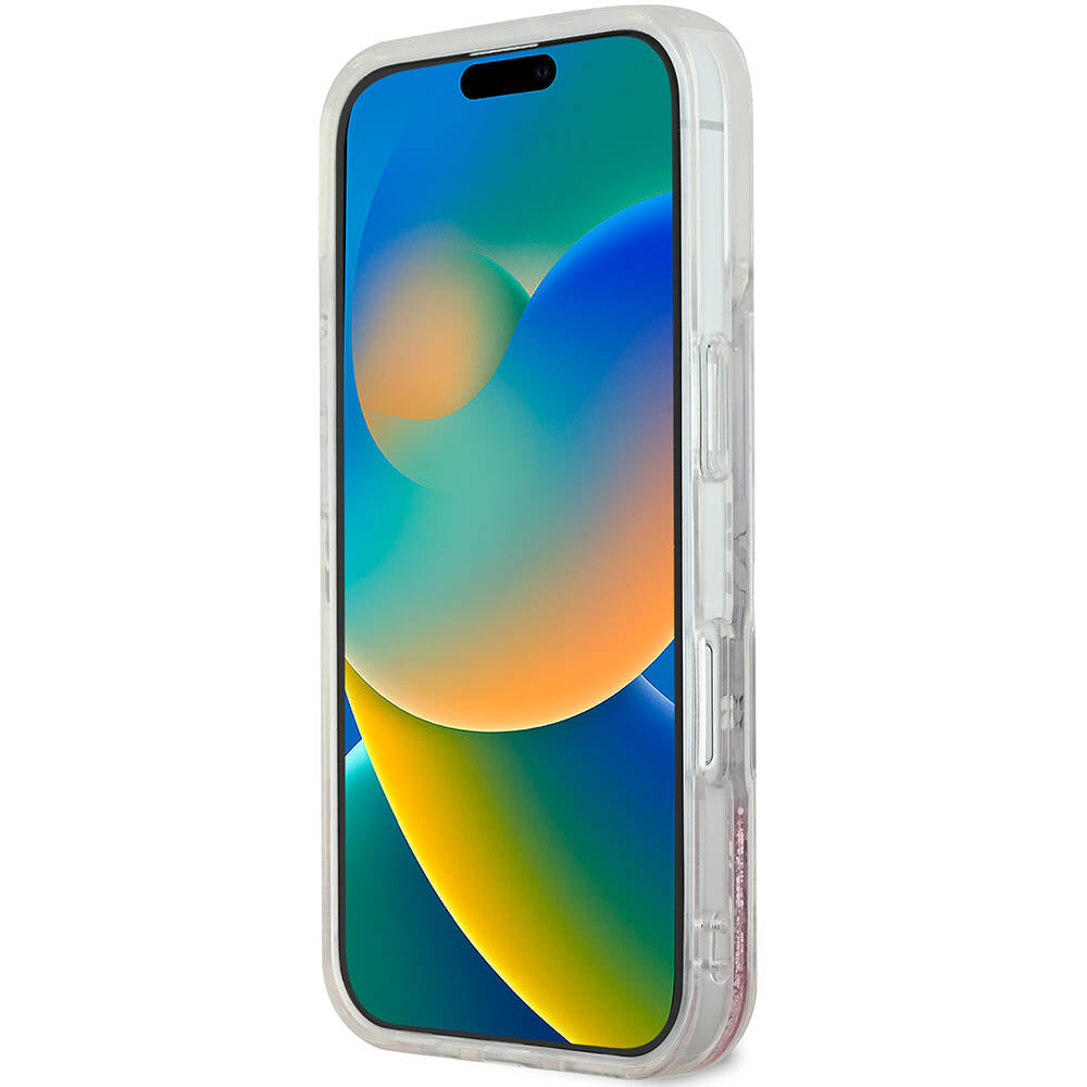 Apple iPhone 16 Kılıf Guess Orjinal Lisanslı M-safe Şarj Özellikli Sıvılı Simli Çiçek Desenli Kapak Mor