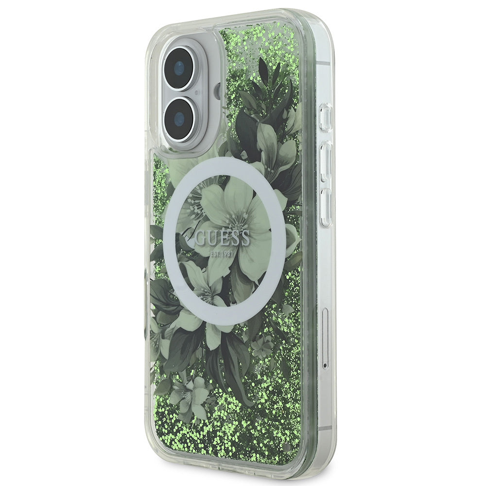 Apple iPhone 16 Kılıf Guess Orjinal Lisanslı M-safe Şarj Özellikli Sıvılı Simli Çiçek Desenli Kapak Bej