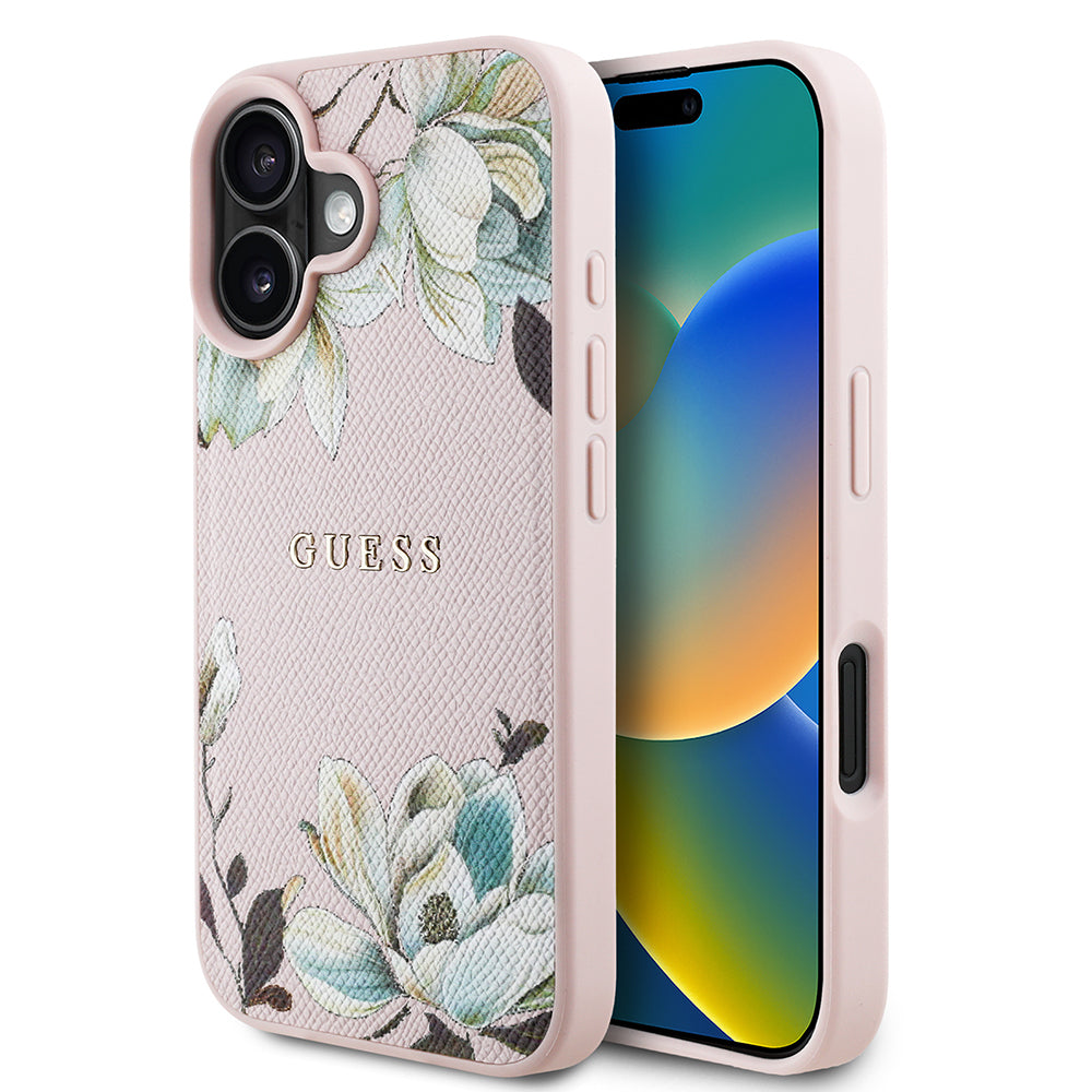 Apple iPhone 16 Kılıf Guess Orjinal Lisanslı M-safe Şarj Özellikli Taneli Çiçek Tasarımlı Metal Yazı Logolu Kapak Pembe