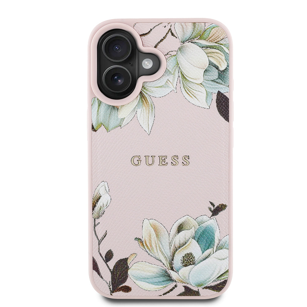 Apple iPhone 16 Kılıf Guess Orjinal Lisanslı M-safe Şarj Özellikli Taneli Çiçek Tasarımlı Metal Yazı Logolu Kapak Pembe