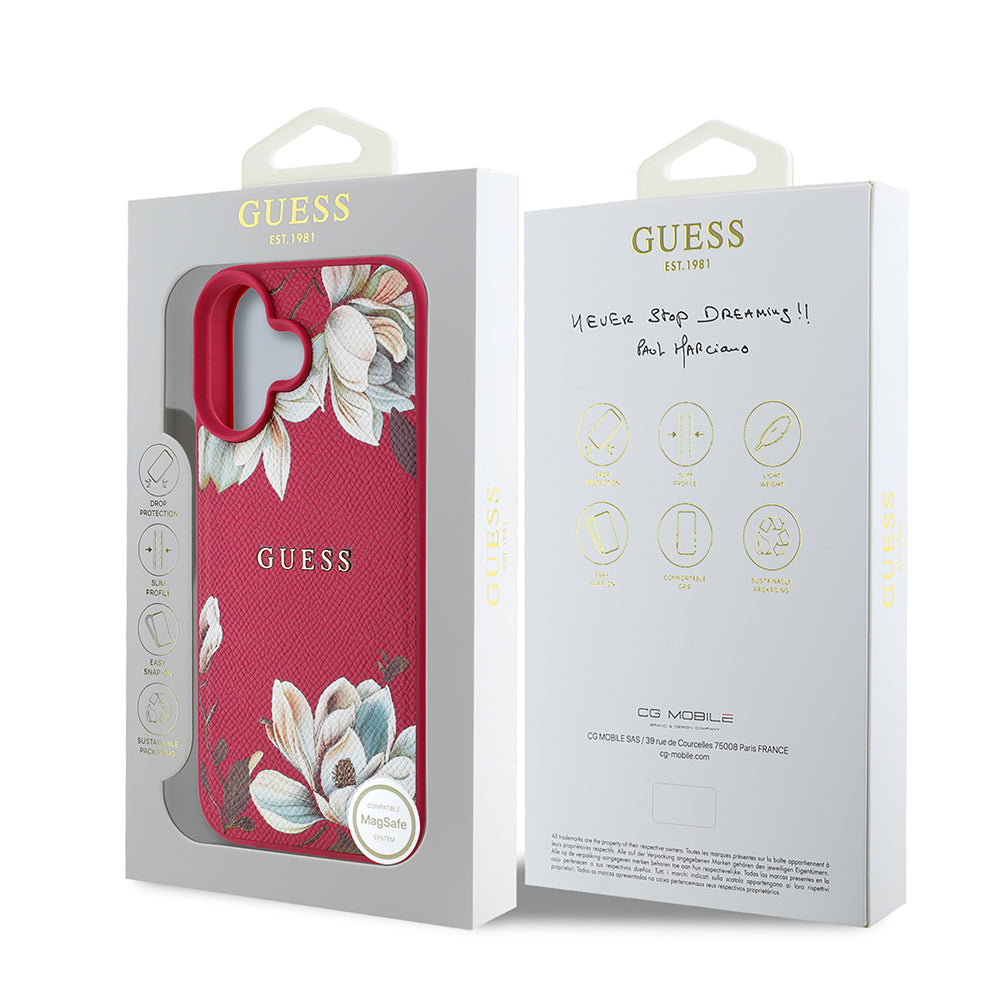 Apple iPhone 16 Kılıf Guess Orjinal Lisanslı M-safe Şarj Özellikli Taneli Çiçek Tasarımlı Metal Yazı Logolu Kapak Kırmızı
