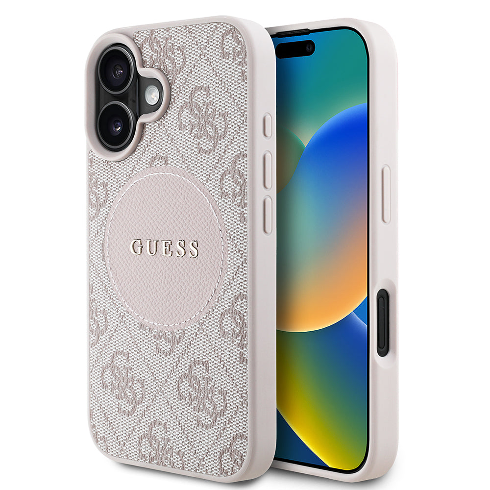 Apple iPhone 16 Kılıf Guess Orjinal Lisanslı M-safe Şarj Özellikli Yazı Logolu Circle Classic Kapak Pembe