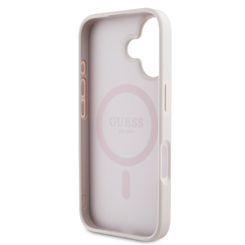 Apple iPhone 16 Kılıf Guess Orjinal Lisanslı M-safe Şarj Özellikli Yazı Logolu Circle Classic Kapak Pembe