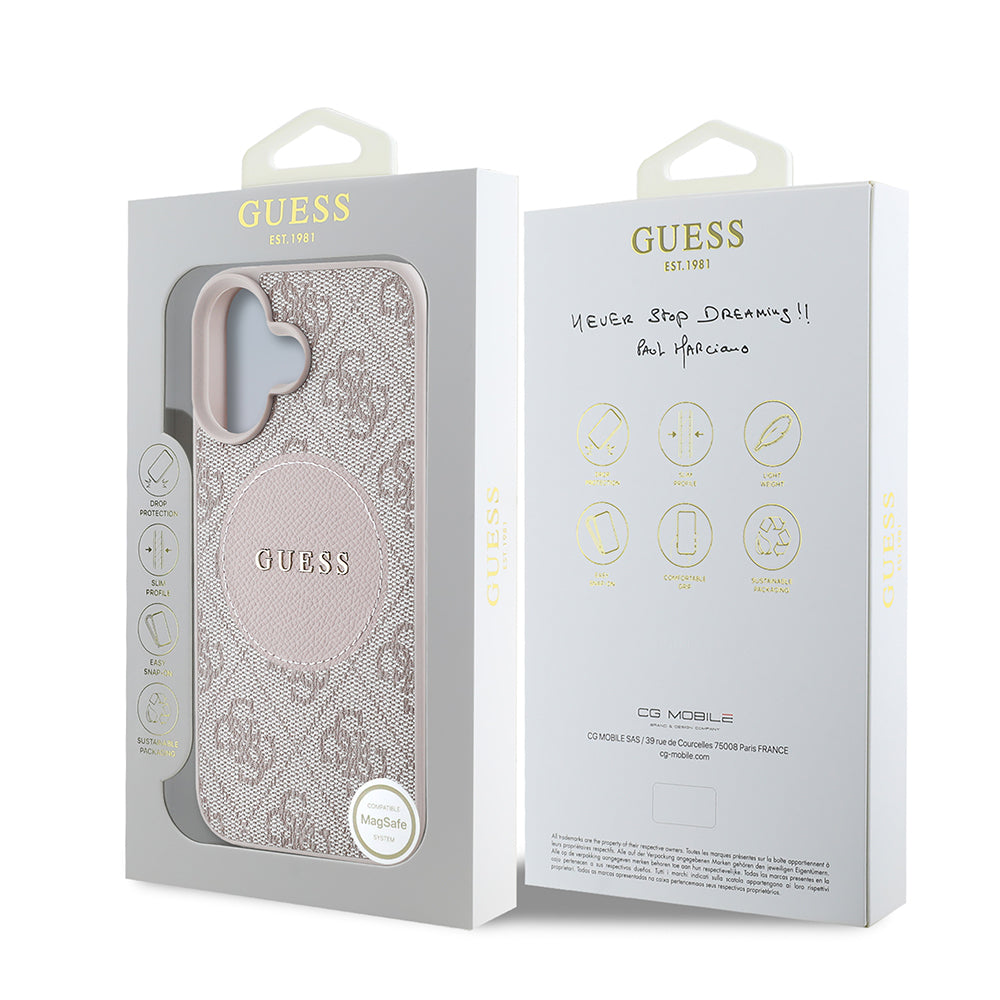 Apple iPhone 16 Kılıf Guess Orjinal Lisanslı M-safe Şarj Özellikli Yazı Logolu Circle Classic Kapak Kahverengi