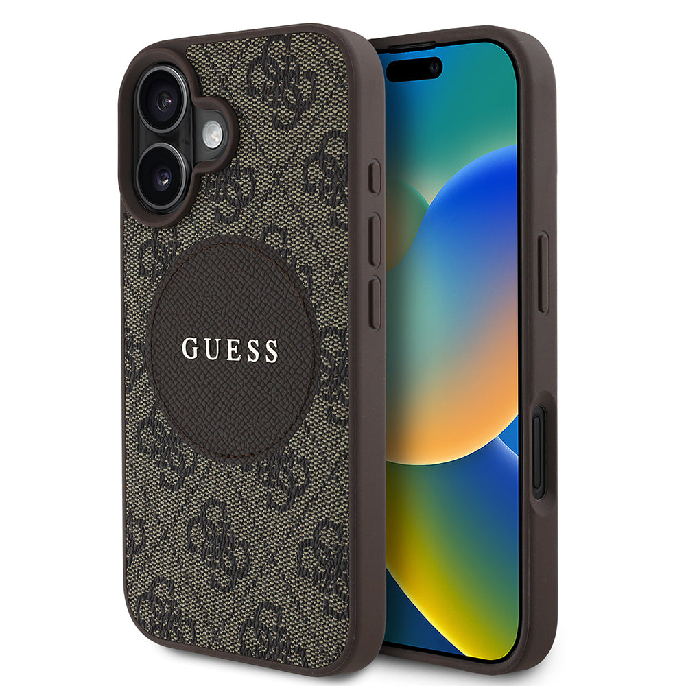 Apple iPhone 16 Kılıf Guess Orjinal Lisanslı M-safe Şarj Özellikli Yazı Logolu Circle Classic Kapak Siyah