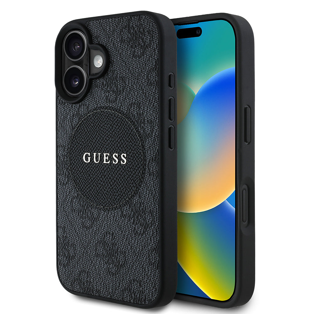Apple iPhone 16 Kılıf Guess Orjinal Lisanslı M-safe Şarj Özellikli Yazı Logolu Circle Classic Kapak Kahverengi
