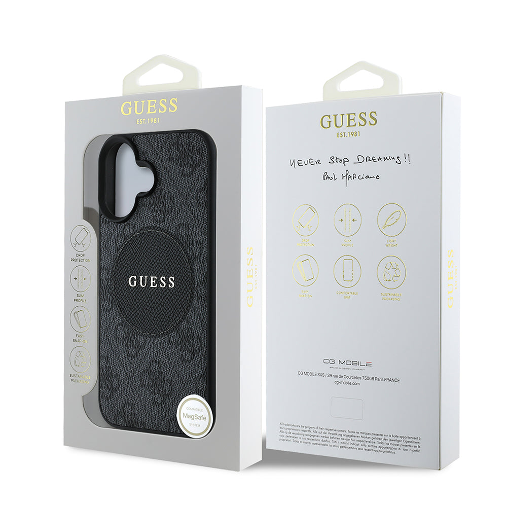 Apple iPhone 16 Kılıf Guess Orjinal Lisanslı M-safe Şarj Özellikli Yazı Logolu Circle Classic Kapak Siyah