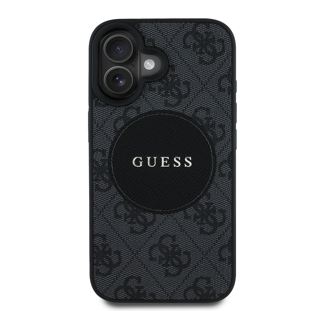 Apple iPhone 16 Kılıf Guess Orjinal Lisanslı M-safe Şarj Özellikli Yazı Logolu Circle Classic Kapak Siyah