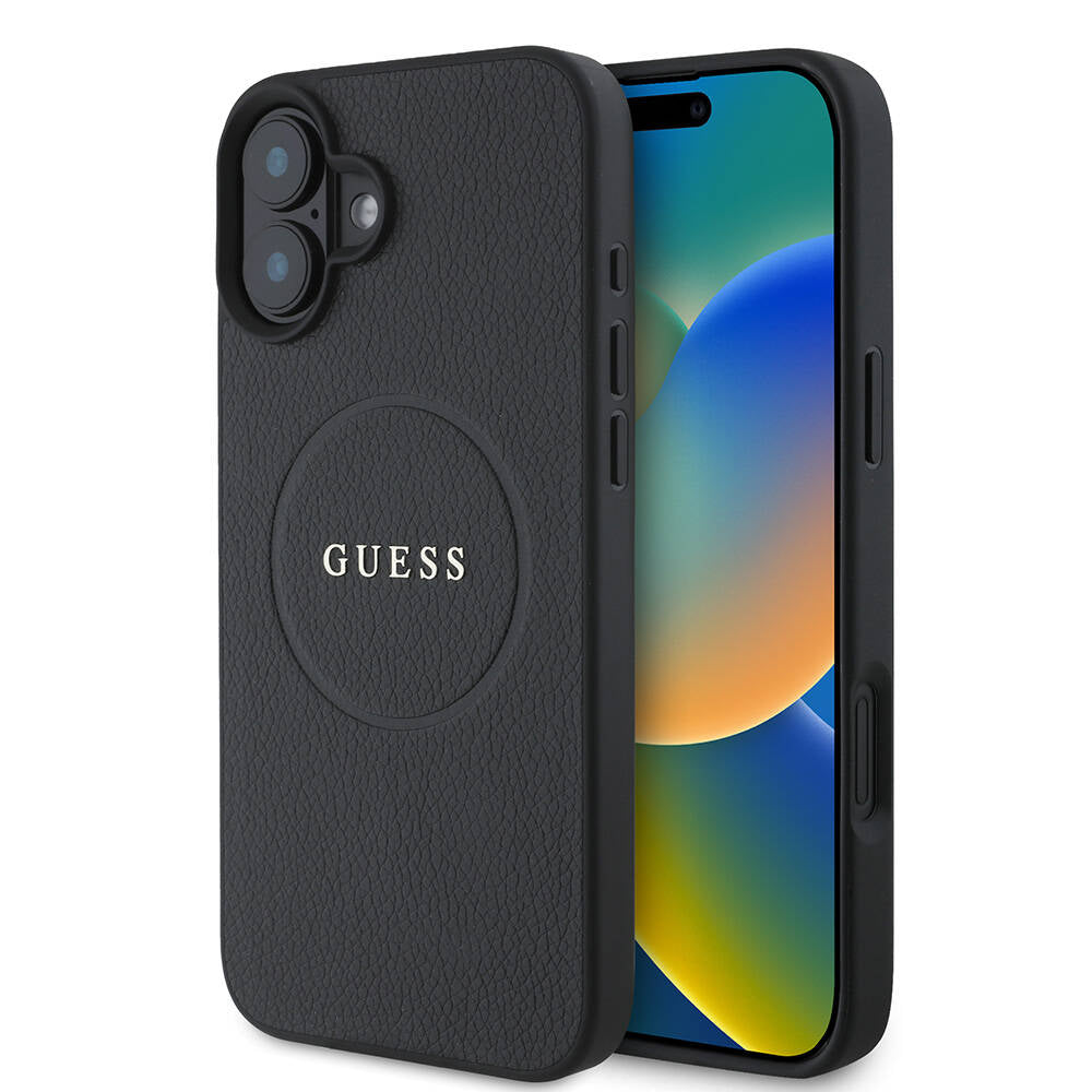 Apple iPhone 16 Kılıf Guess Orjinal Lisanslı M-safe Şarj Özellikli Yazı Logolu Grained Kapak Siyah