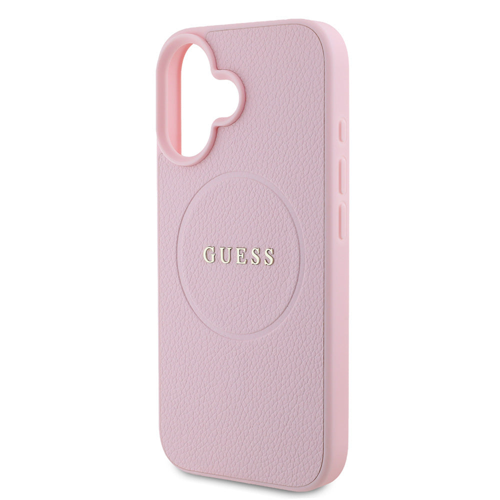 Apple iPhone 16 Kılıf Guess Orjinal Lisanslı M-safe Şarj Özellikli Yazı Logolu Grained Kapak Pembe