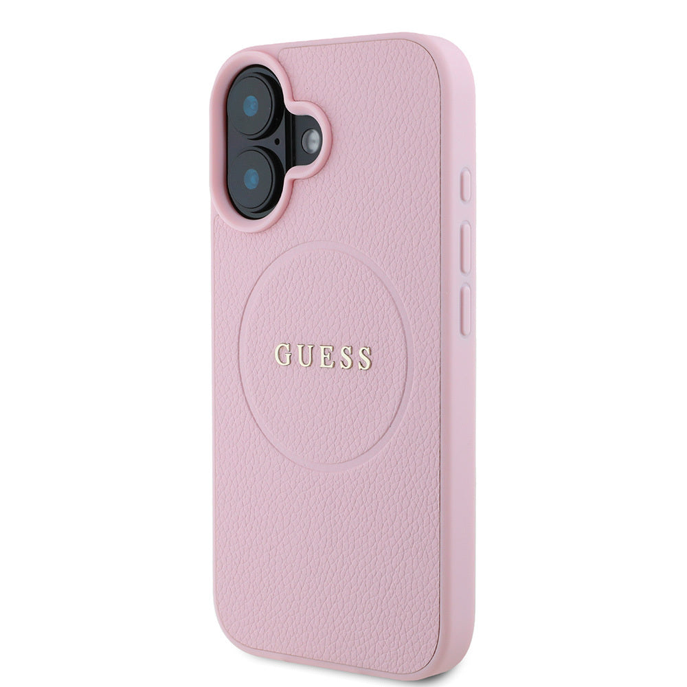 Apple iPhone 16 Kılıf Guess Orjinal Lisanslı M-safe Şarj Özellikli Yazı Logolu Grained Kapak Pembe