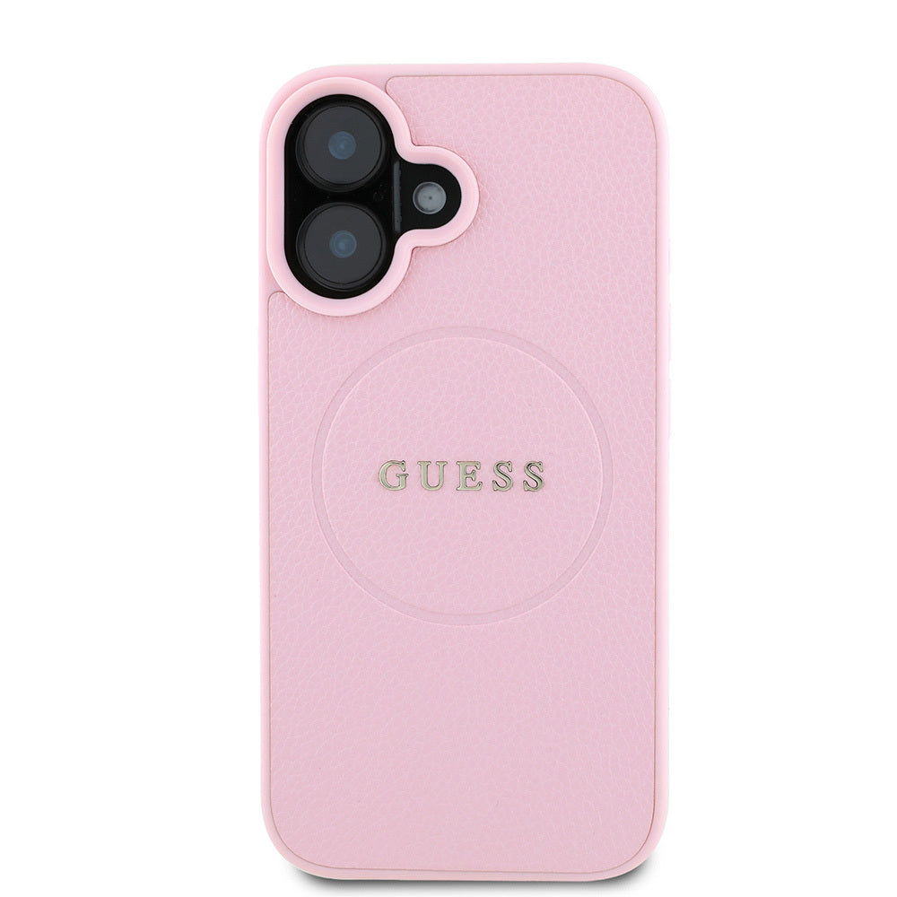 Apple iPhone 16 Kılıf Guess Orjinal Lisanslı M-safe Şarj Özellikli Yazı Logolu Grained Kapak Pembe