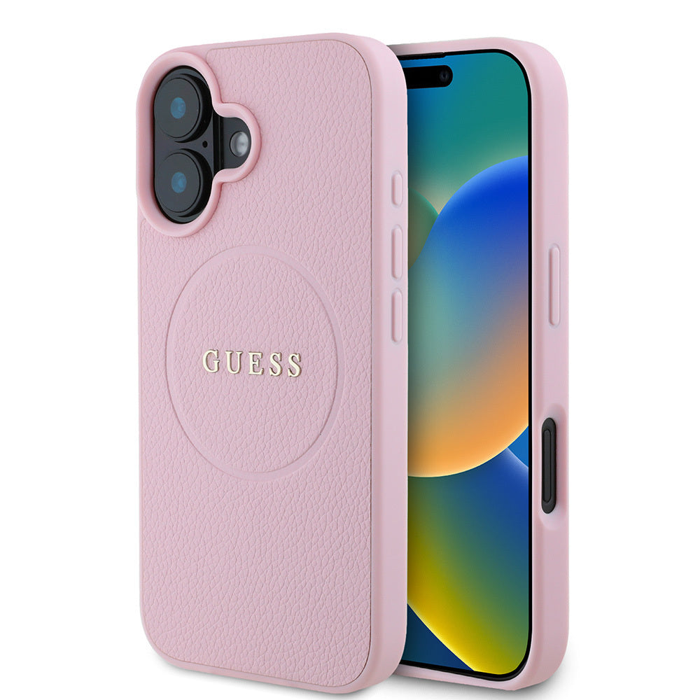 Apple iPhone 16 Kılıf Guess Orjinal Lisanslı M-safe Şarj Özellikli Yazı Logolu Grained Kapak Pembe