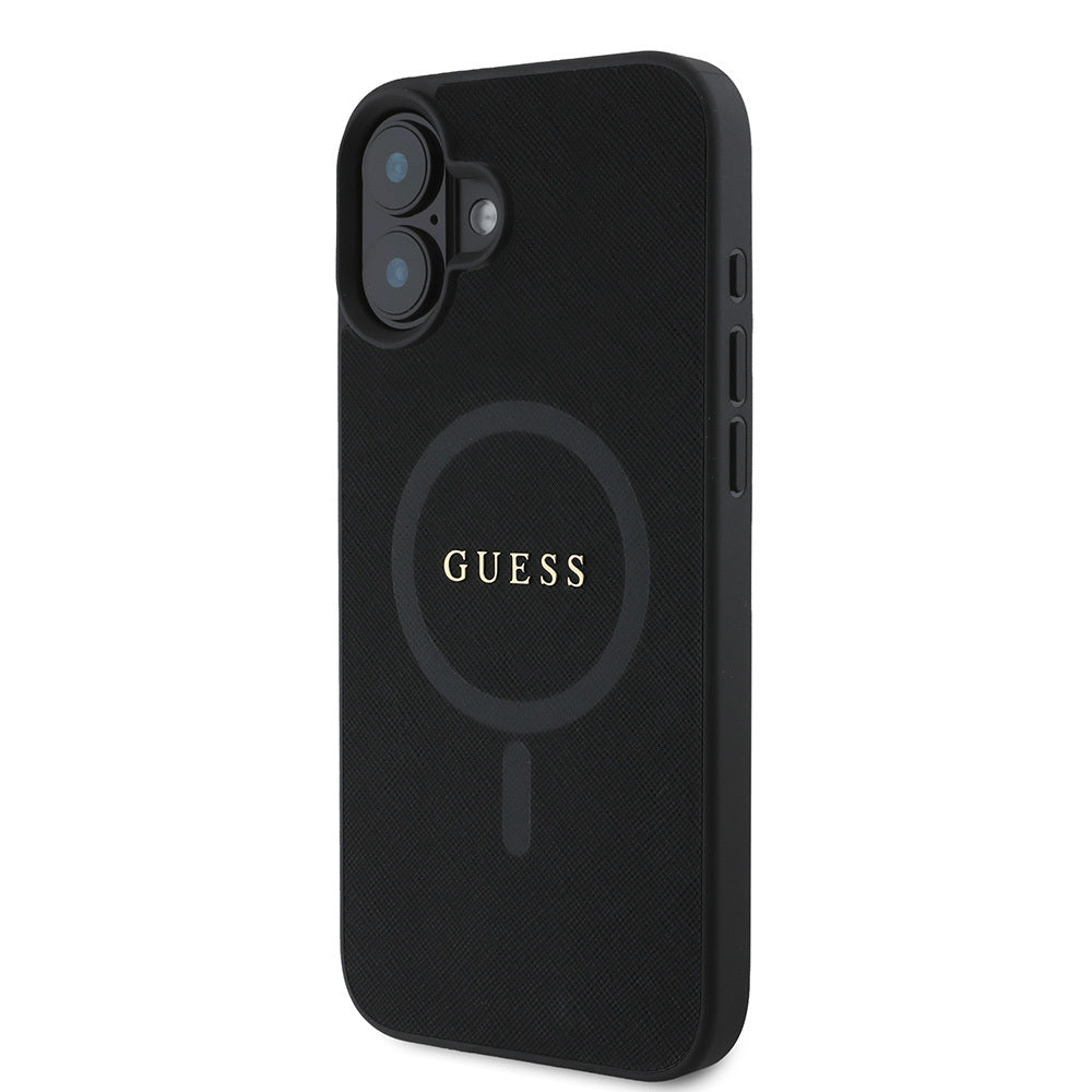 Apple iPhone 16 Kılıf Guess Orjinal Lisanslı M-safe Şarj Özellikli Yazı Logolu Saffiano Classic Kapak Siyah