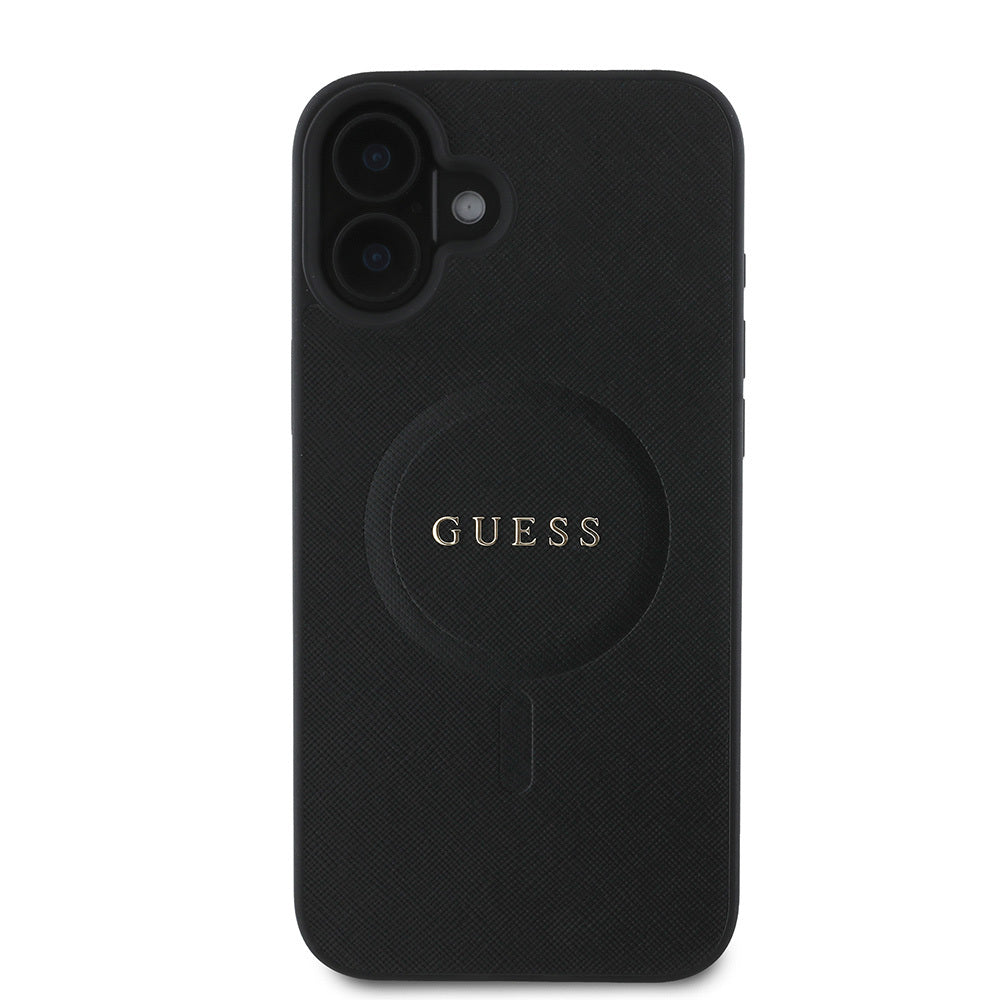 Apple iPhone 16 Kılıf Guess Orjinal Lisanslı M-safe Şarj Özellikli Yazı Logolu Saffiano Classic Kapak Siyah