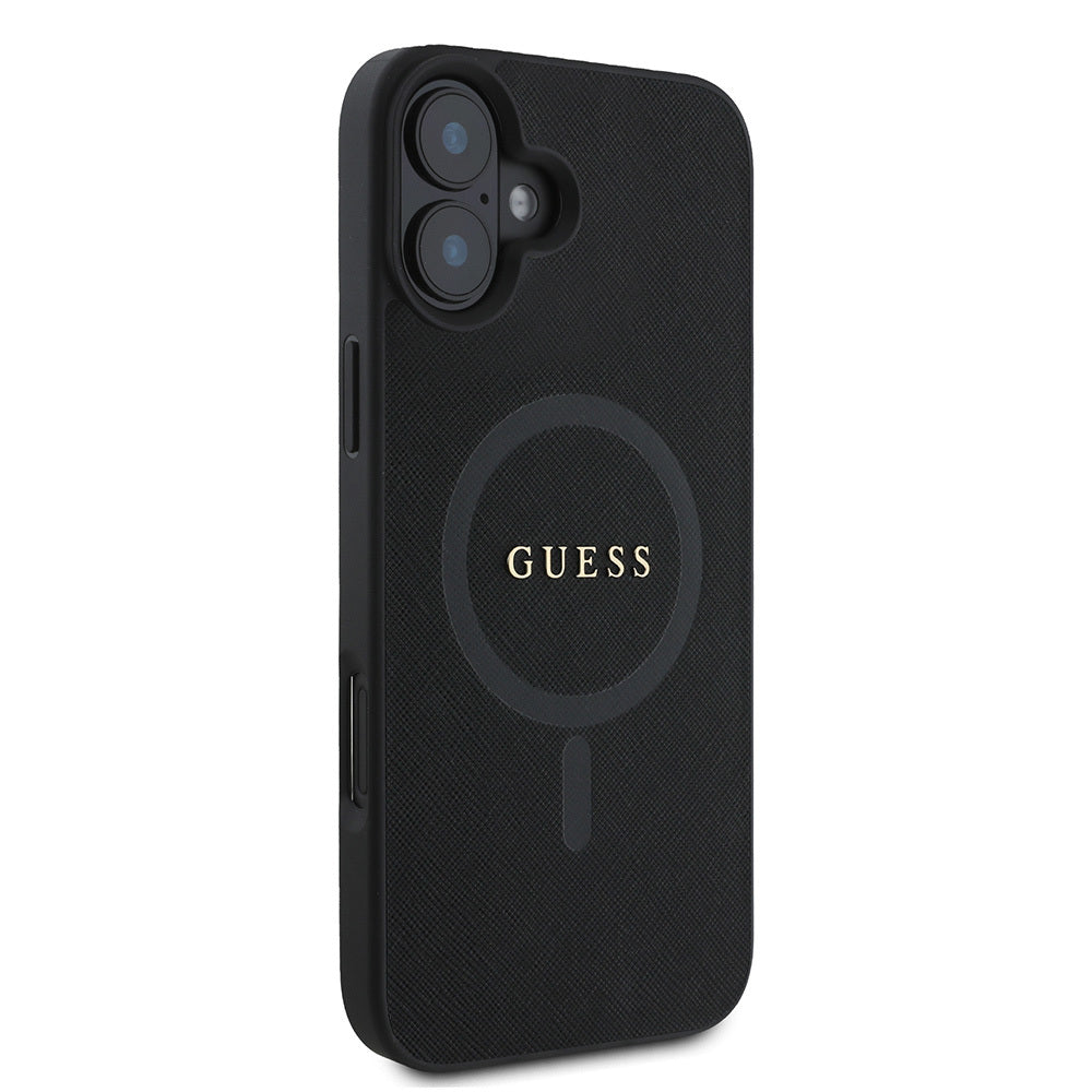 Apple iPhone 16 Kılıf Guess Orjinal Lisanslı M-safe Şarj Özellikli Yazı Logolu Saffiano Classic Kapak Siyah