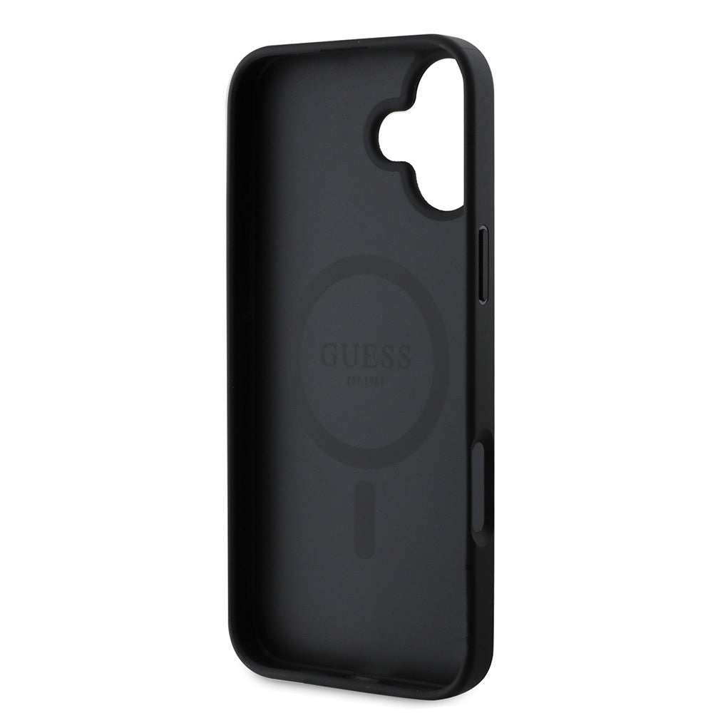 Apple iPhone 16 Kılıf Guess Orjinal Lisanslı M-safe Şarj Özellikli Yazı Logolu Saffiano Classic Kapak Siyah