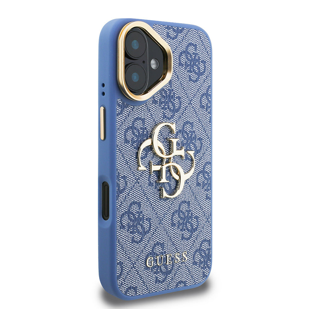 Apple iPhone 16 Kılıf Guess Orjinal Lisanslı PU Deri 4G Desenli Metal Büyük 4G ve Yazı Logolu Kamera Standlı Kapak Mavi