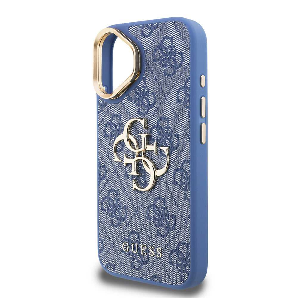 Apple iPhone 16 Kılıf Guess Orjinal Lisanslı PU Deri 4G Desenli Metal Büyük 4G ve Yazı Logolu Kamera Standlı Kapak Siyah