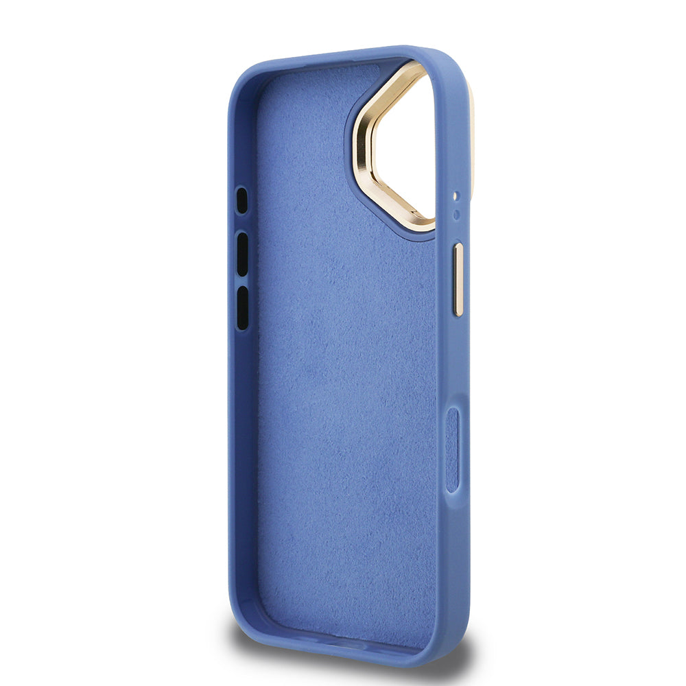 Apple iPhone 16 Kılıf Guess Orjinal Lisanslı PU Deri 4G Desenli Metal Büyük 4G ve Yazı Logolu Kamera Standlı Kapak Mavi