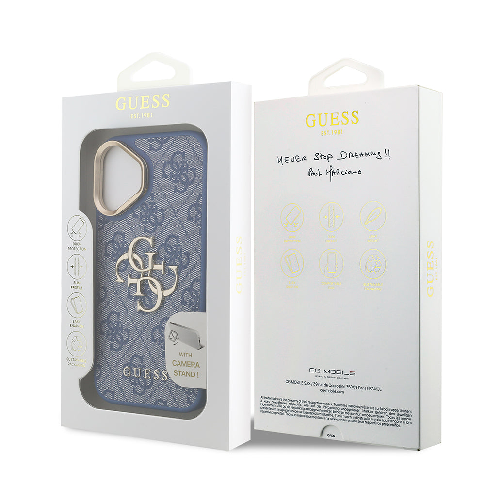 Apple iPhone 16 Kılıf Guess Orjinal Lisanslı PU Deri 4G Desenli Metal Büyük 4G ve Yazı Logolu Kamera Standlı Kapak Mavi