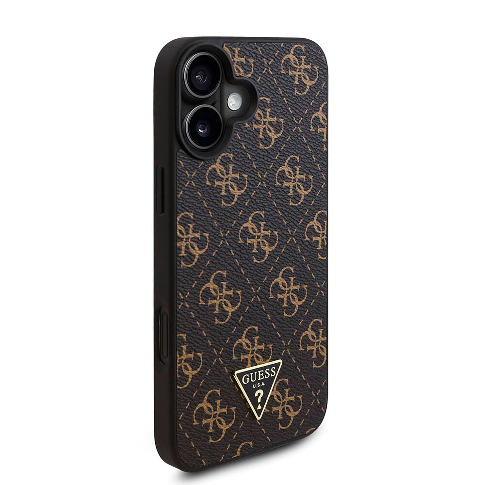 Apple iPhone 16 Kılıf Guess Orjinal Lisanslı PU Deri 4G Desenli Üçgen Logolu Kapak Siyah