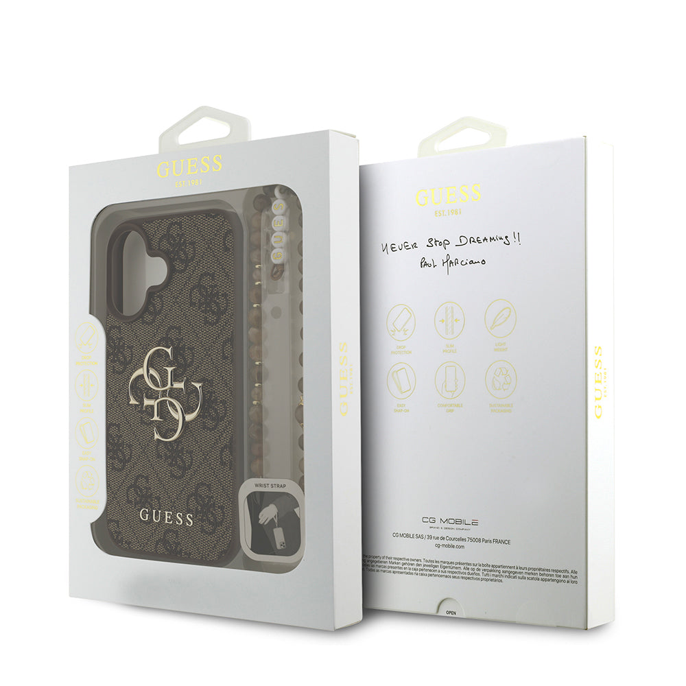 Apple iPhone 16 Kılıf Guess Orjinal Lisanslı PU Deri Bilek Askı İpli Metal Büyük 4G ve Yazı Logolu Kapak Siyah