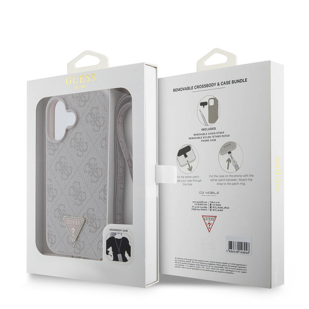 Apple iPhone 16 Kılıf Guess Orjinal Lisanslı PU Deri Taşlı Metal Üçgen Logolu Çapraz Vücut Askılı 4G Desenli Kapak Siyah