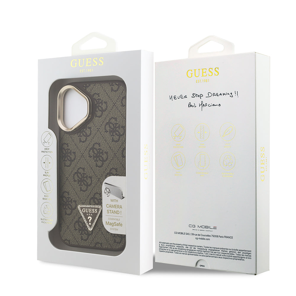 Apple iPhone 16 Kılıf Guess Orjinal Lisanslı PU Deri Taşlı Üçgen Logo 4G Desenli Kamera Standlı Kapak Kahverengi