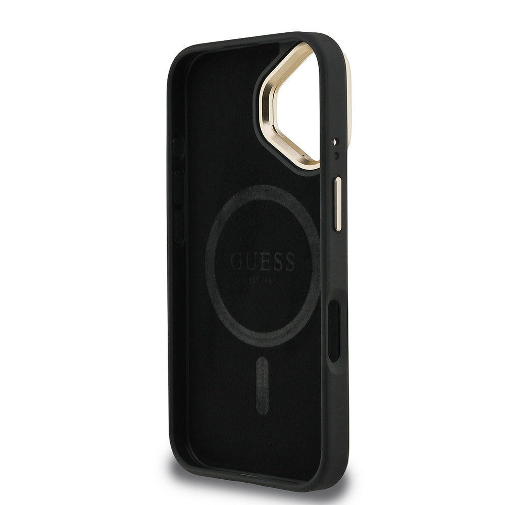 Apple iPhone 16 Kılıf Guess Orjinal Lisanslı PU Deri Taşlı Üçgen Logo 4G Desenli Kamera Standlı Kapak Kahverengi