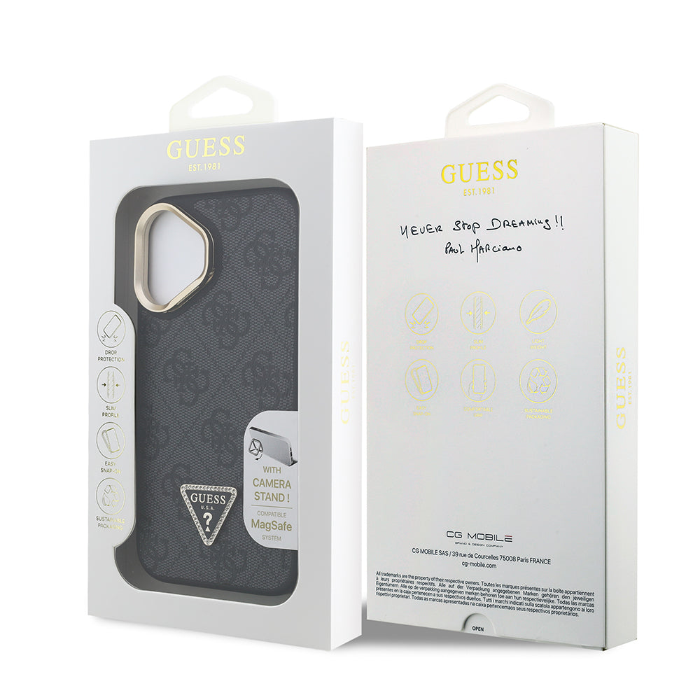 Apple iPhone 16 Kılıf Guess Orjinal Lisanslı PU Deri Taşlı Üçgen Logo 4G Desenli Kamera Standlı Kapak Kahverengi