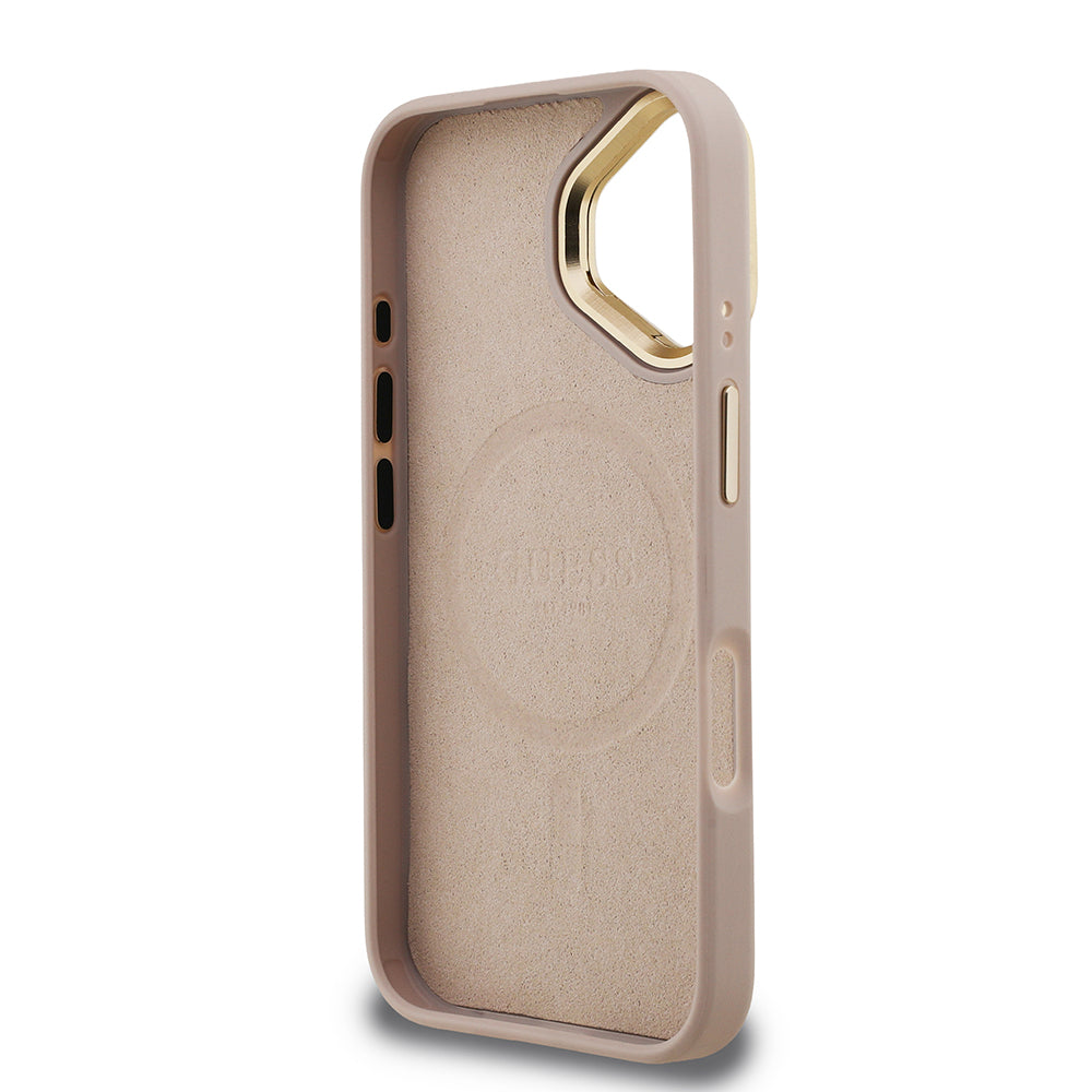 Apple iPhone 16 Kılıf Guess Orjinal Lisanslı PU Deri Taşlı Üçgen Logo 4G Desenli Kamera Standlı Kapak Siyah