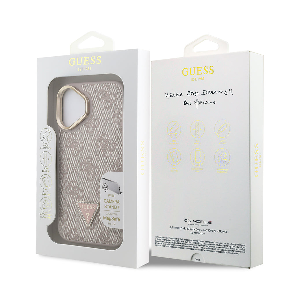 Apple iPhone 16 Kılıf Guess Orjinal Lisanslı PU Deri Taşlı Üçgen Logo 4G Desenli Kamera Standlı Kapak Siyah