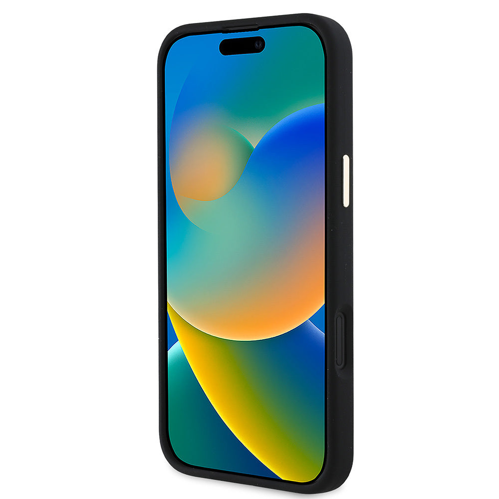 Apple iPhone 16 Kılıf Guess Orjinal Lisanslı Yazı ve Taşlı 4G Logolu Metal Kamera Çerçeveli Silikon Kapak Siyah