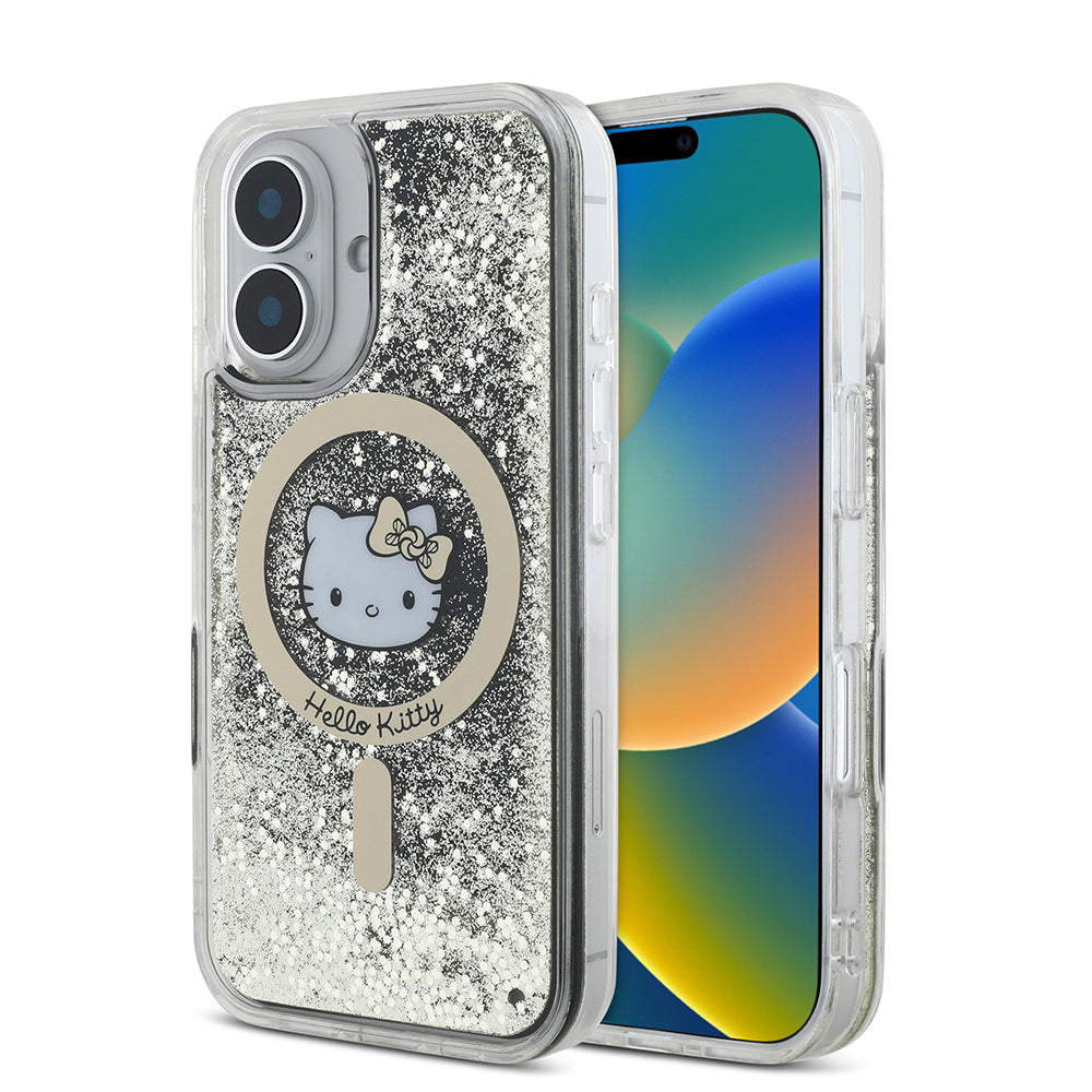 Apple iPhone 16 Kılıf Hello Kitty Orjinal Lisanslı M-safe Şarj Özellikli IML Baskı Kitty Head Logolu Sıvılı Simli Altın Ateşi Kapak Siyah