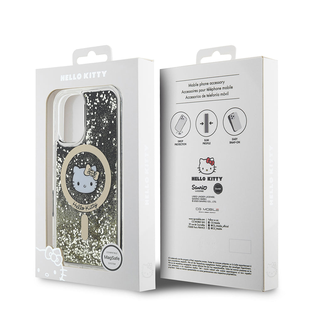 Apple iPhone 16 Kılıf Hello Kitty Orjinal Lisanslı M-safe Şarj Özellikli IML Baskı Kitty Head Logolu Sıvılı Simli Altın Ateşi Kapak Siyah