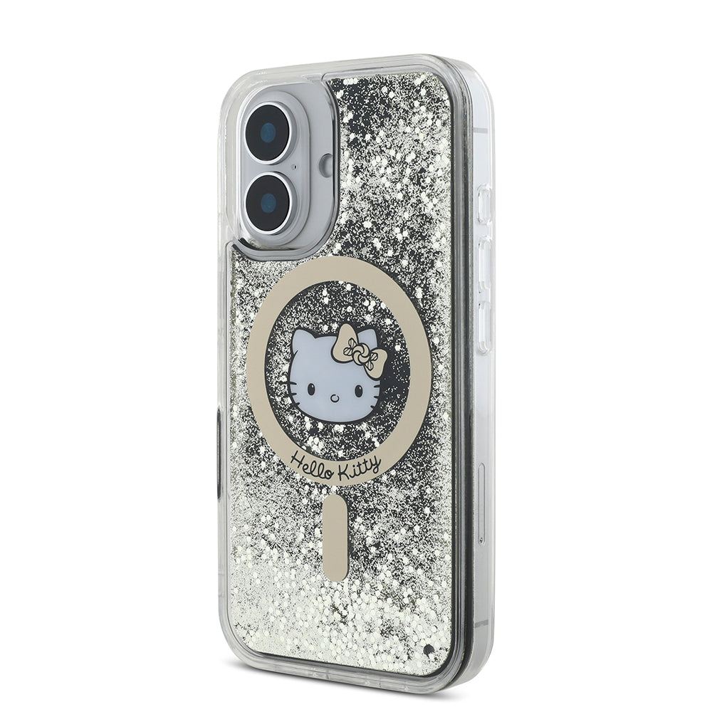 Apple iPhone 16 Kılıf Hello Kitty Orjinal Lisanslı M-safe Şarj Özellikli IML Baskı Kitty Head Logolu Sıvılı Simli Altın Ateşi Kapak Siyah