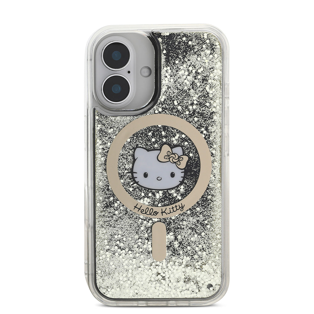 Apple iPhone 16 Kılıf Hello Kitty Orjinal Lisanslı M-safe Şarj Özellikli IML Baskı Kitty Head Logolu Sıvılı Simli Altın Ateşi Kapak Siyah