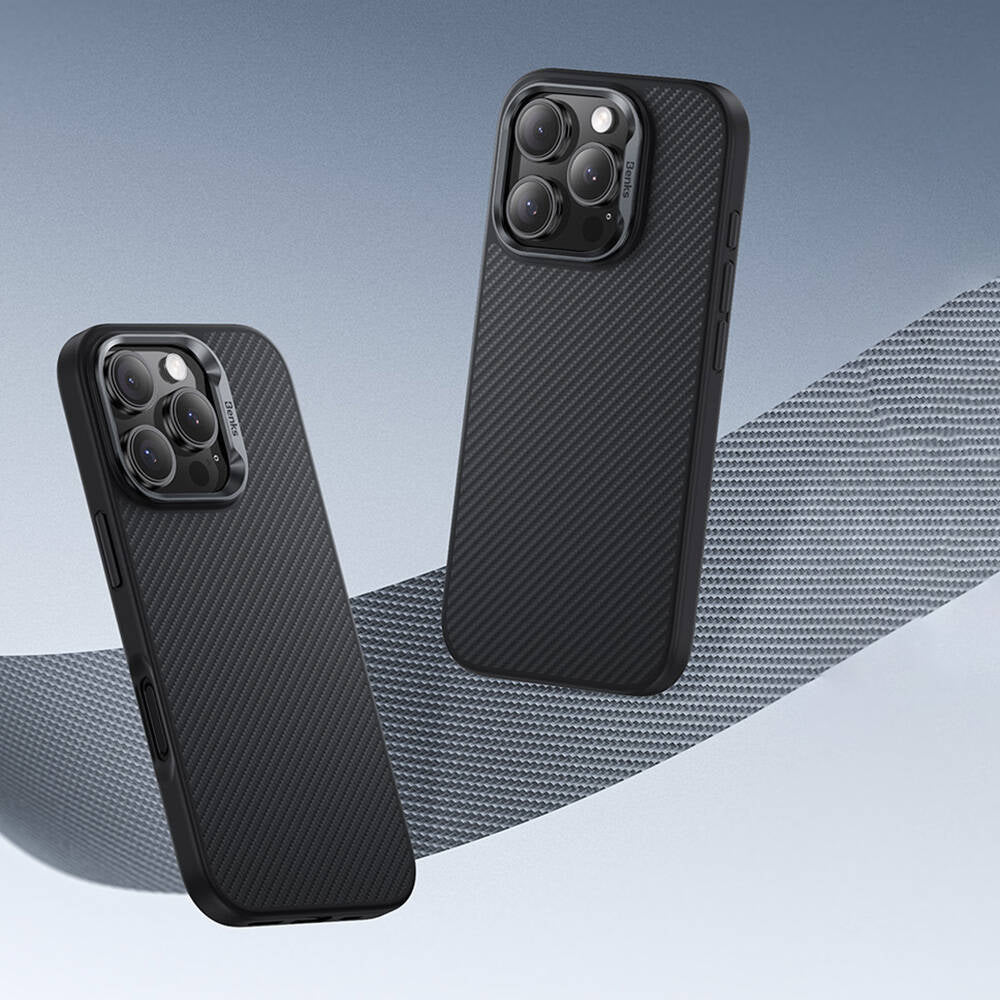 Apple iPhone 16 Kılıf Karbon Fiber M-safe Şarj Özellikli Benks Hybrid ArmorPro 600D Kevlar Kapak Siyah