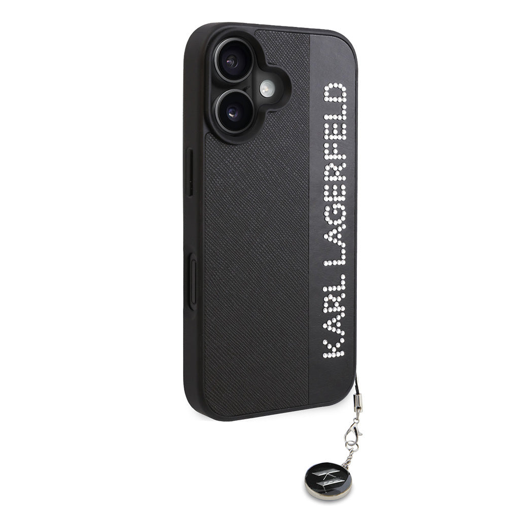 Apple iPhone 16 Kılıf Karl Lagerfeld Orjinal Lisanslı Anahtarlıklı Taşlı KL Yazılı Saffiano Rhinestones Kapak Pembe