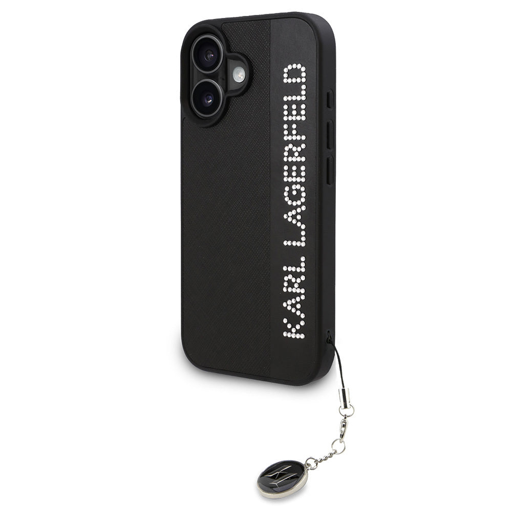 Apple iPhone 16 Kılıf Karl Lagerfeld Orjinal Lisanslı Anahtarlıklı Taşlı KL Yazılı Saffiano Rhinestones Kapak Pembe